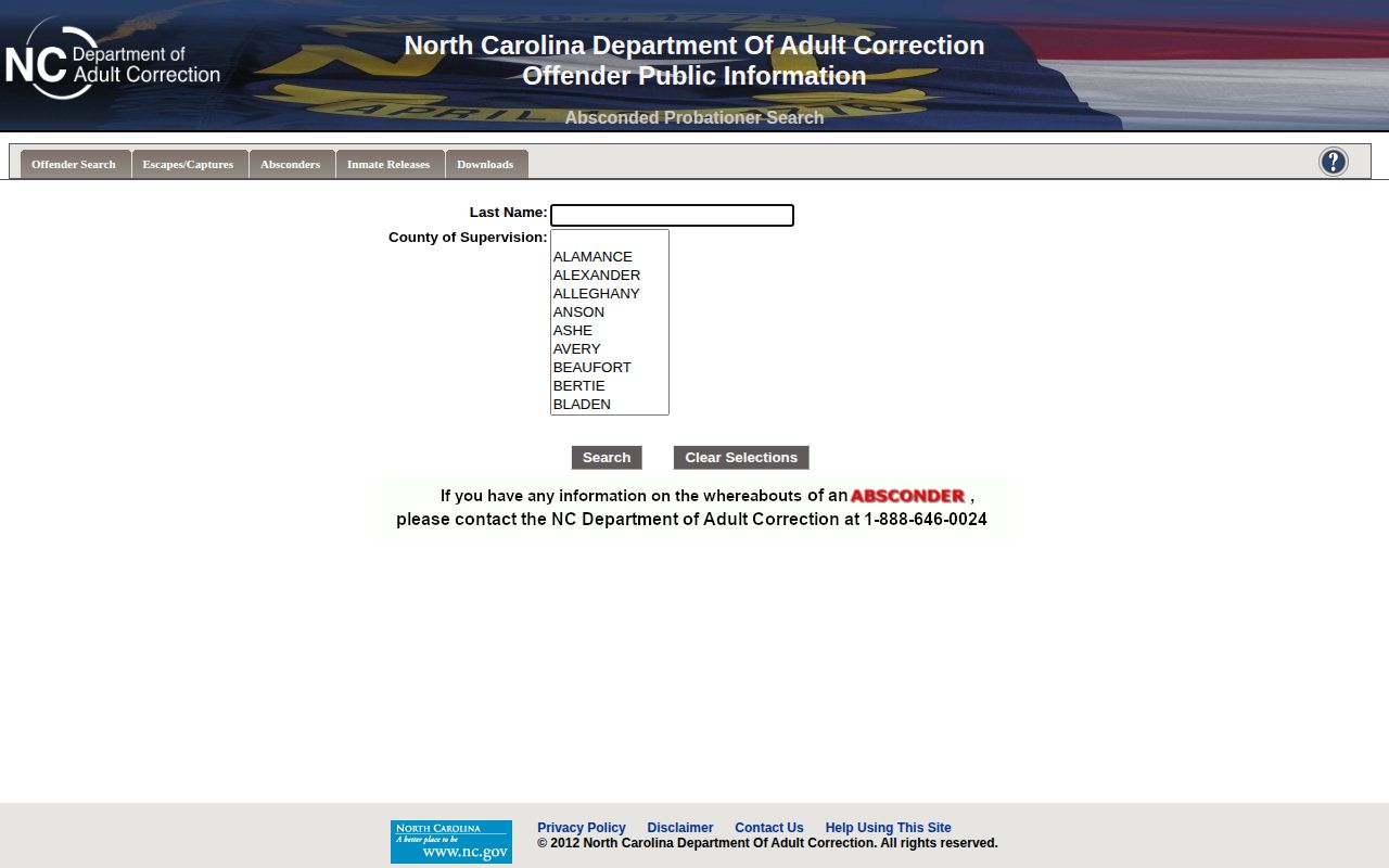 North Carolina absconded probationer search by name and county