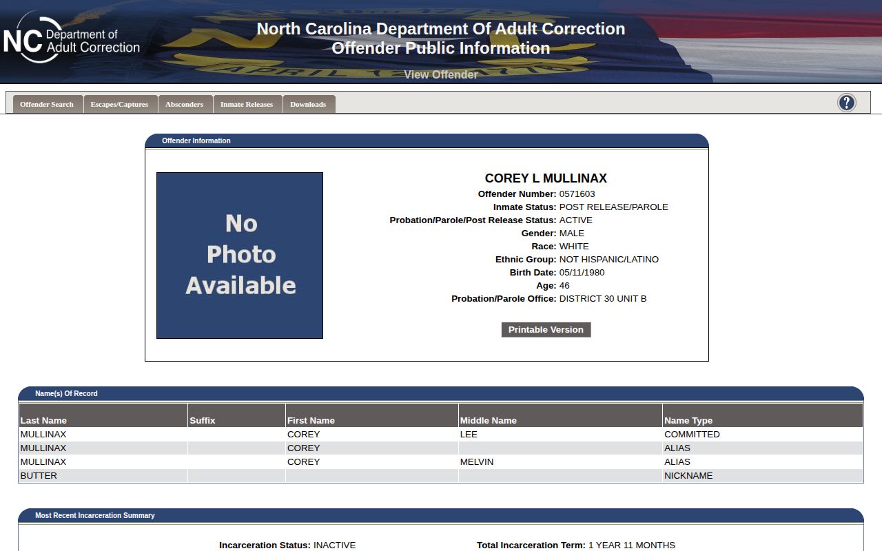NCDAC record showing inactive incarceration and active post-release supervision