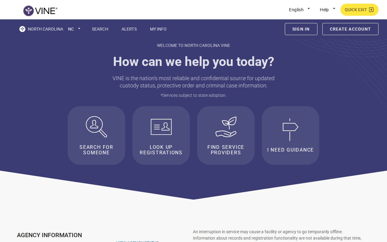 North Carolina VINE search screen for custody status and alerts